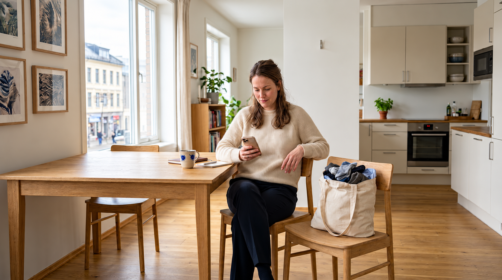 Kvinne bestiller rens på mobilen med en pose klær klar til henting